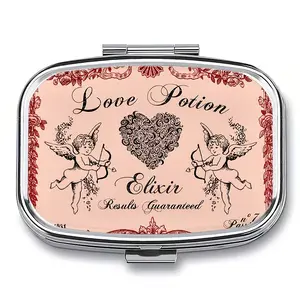 Vintage Apothecary Love Potion Cherub Pill Case, Portable Double Compartment Decorative Jewelry & Pill Box with Mirror, Romantic Gift for Women