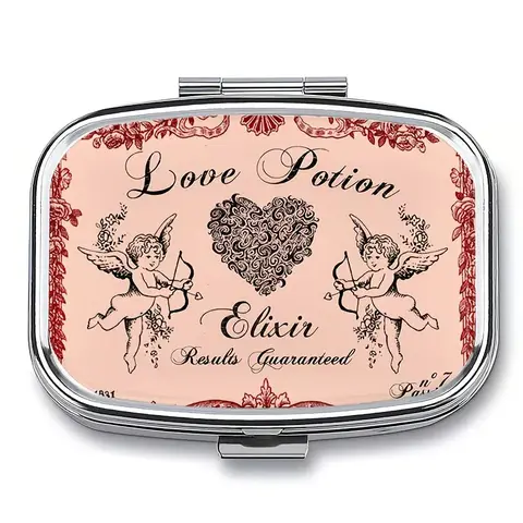 Vintage Apothecary Love Potion Cherub Pill Case, Portable Double Compartment Decorative Jewelry & Pill Box with Mirror, Romantic Gift for Women, Daily Use, Supplement Organizer, Vitamin Dispenser