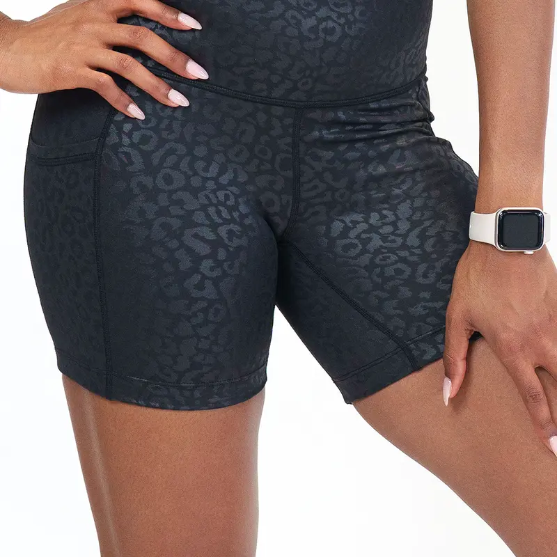 CVG Women's High-Waist Black Leopard Print Sports Leisure Shorts - 2.5in Inseam, Moisture-Wicking, Quick-Dry, Fitted, Pockets, Polyester-Spandex Blend, Ideal for Pre-Workout, Casual Wear
