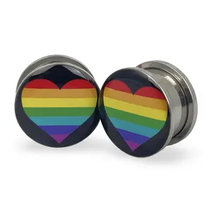 Rainbow Heart Picture Plugs gauges pair body jewelry