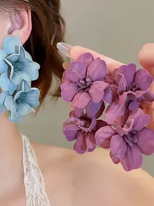 Silver Color Fabric Flower Dangle Earrings, Elegant Floral Design, Perfect for Women, Fashion Jewelry Gift Idea