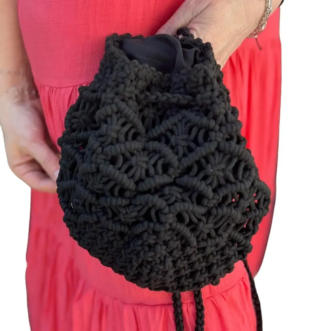 Women's Small Macrame Cinch Bag - Fully Lined, Basic, Casual, Coastal Country Style, Expandable 3-in-1 Purse Tote Backpack, Lightweight, Machine Washable