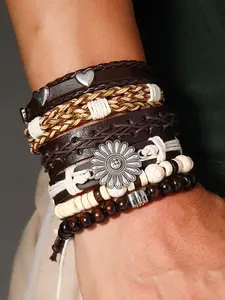 6-Piece Boho Style PU Leather Bracelet Set, Vintage Handmade Multi-Layer Design, Heart & Flower Shapes, All-Season Jewelry Collection, Stackable Bracelets