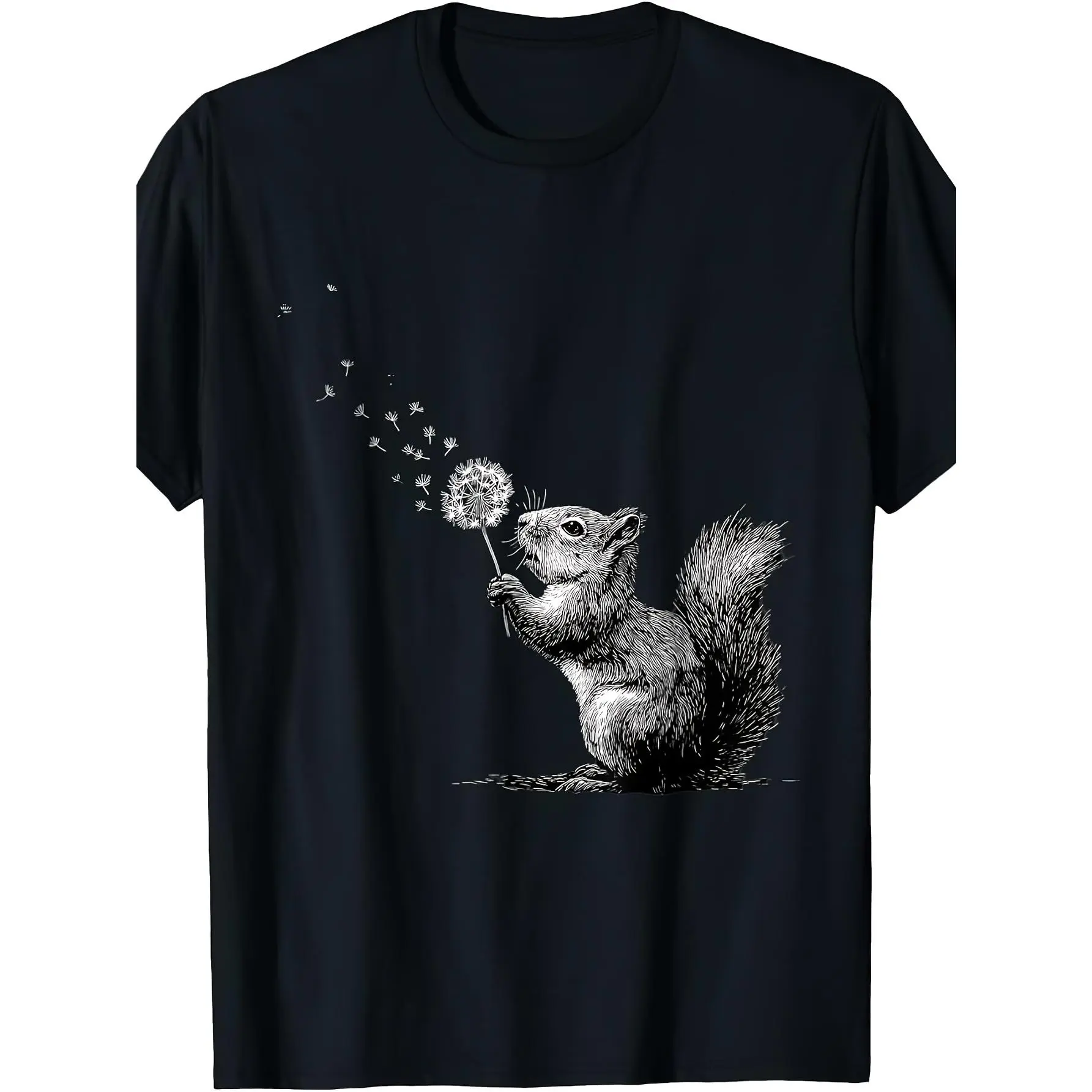 Cute Dandelion Squirrel Graphic Tee, Relaxed Unisex Casual T-Shirt, Animal Print Short Sleeve Round Neck Top for Women