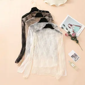 Spring and Autumn new high-end lace bottoming shirt women's tight-fitting long-sleeved mesh top sexy inner shirt, semi-turtleneck lace shirt women's inner hollow transparent mesh top spring versatile see-through long-sleeved bottoming shirt