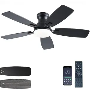 Ceiling Fans with Lights, 42 Inch Low Profile Ceiling Fan with Light and Remote Control, Flush Mount, DC Reversible , Noiseless, Black 6 Speeds Ceiling Fan for Bedroom