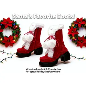 Playful Red Plush Winter Boots     Warm Santa Claus Style Chunky Heels |     Christmas essential outfit!