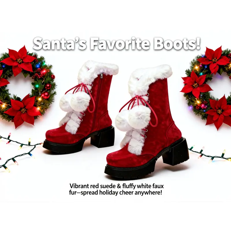 Playful Red Plush Winter Boots     Warm Santa Claus Style Chunky Heels |     Christmas essential outfit!