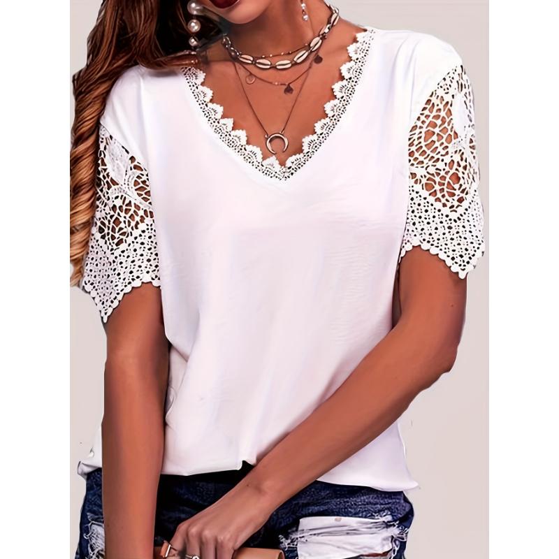 Elegant Plus-Size White V-Neck T-Shirt with Lace Detailing,Short Sleeve,Semi-Sheer Summer Top for Women,Plus Size Blouses Collar Fabric Spandex Casual