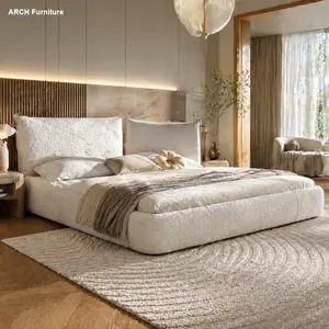 King Size Chenille Upholstered Platform Bed Frame - ARCH Cloud Bed with Oversized Movable Adjustable Headrest, Round Corners, Solid Wood Frame, Metal Slat Support, No Box Spring Needed, Beige/White Modern Indoor Bedroom Furniture, Bed Frame King Size