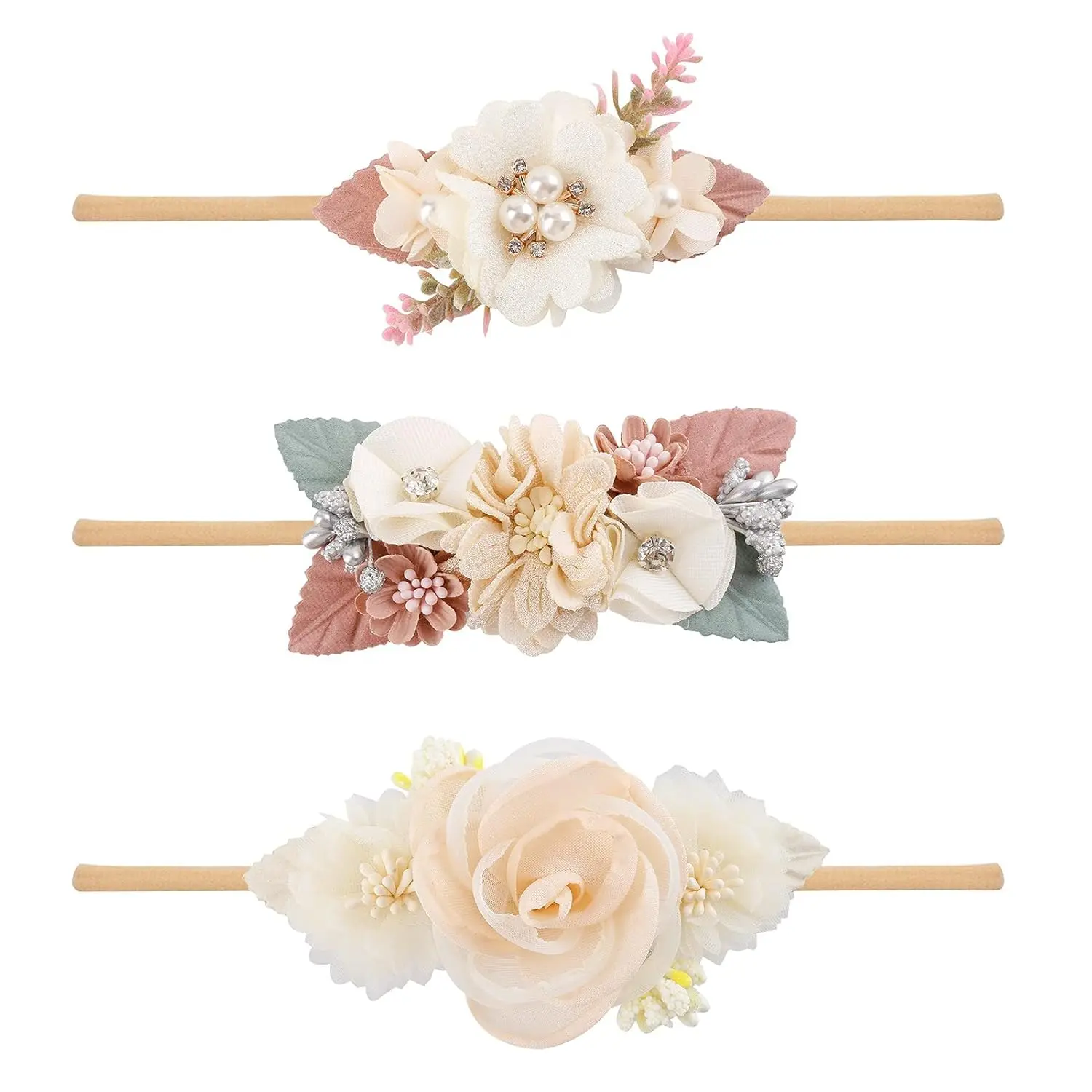 SQ-HDW137 Baby Girl Floral Headbands- 3pcs Nylon Headband Handmade Flower Crown Elastic Hairband Newborn Toddler Hair Accessories Gifts for Girls  1-6 years old