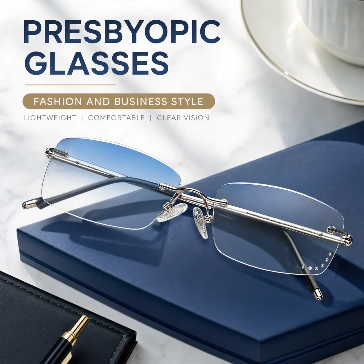 Ultra Lightweight Frameless Reading Glasses, HD Blue Light Blocking Readers for Men & Women, Comfortable Presbyopia Glasses with Multiple Magnifications
