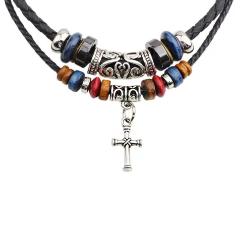 Unisex Boho Style Drawstring Layered Beaded Necklace, Trendy Chic Vintage Retro Necklace, Gorgeous Jewelry As Birthday Gift for Girlfriend & Boyfriend, Cross Charm Necklace, Cross Necklaces, Fashion Jewelry Gift
