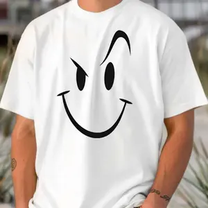 100% cotton Pure - Cotton White T - shirt for Men Simple and Bold Smiling Face Design