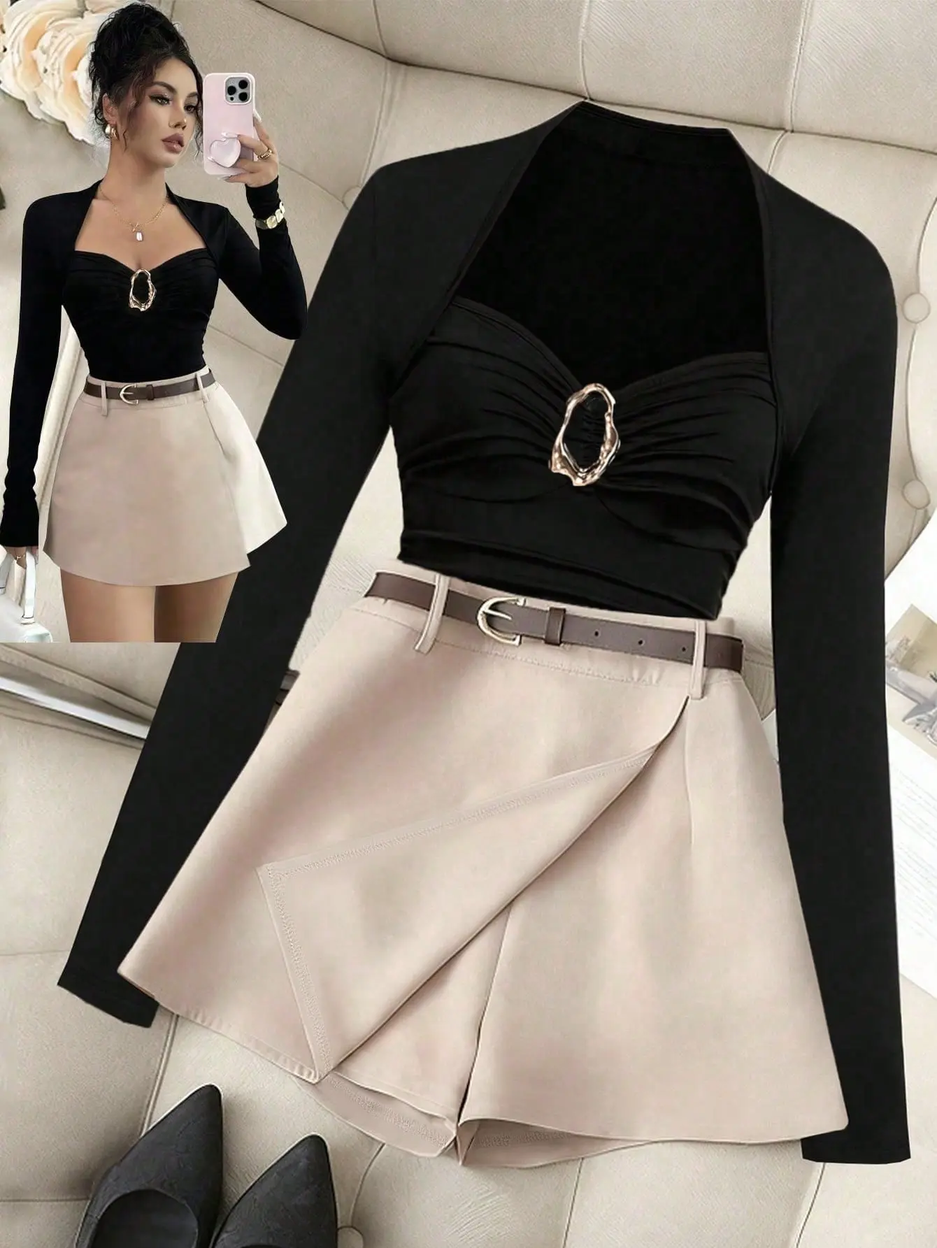 [Back to School] ROYAL Elegant French Style Black And Beige Women 2-Piece Set Pleated Square Neck Slim Fit Long Sleeve T-Shirt And Asymmetric Hem Skort Suit