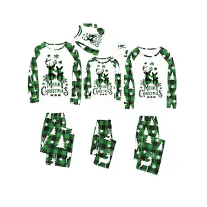 Green White Family Matching Christmas Pajamas, Deer Letter Snowflake Pattern Long Sleeve Tops and Plaid Pants Sleepwear Set