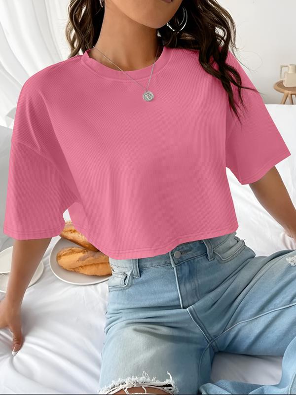 Women's Plain Ribbed Curved Hem Crop Tee, Casual Half Sleeve Round Neck T-shirt for Summer, Ladies Clothes for Daily Wear