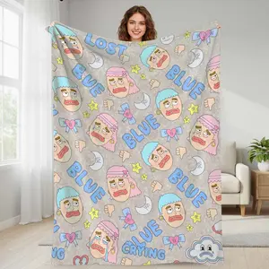 Cartoon Blue Emotion Flannel Blanket  Lost Mood and Crying Face Print Pattern  Soft Warm Cozy Lightweight Throw  Perfect for Bedroom  Living Room  Office Nap  Sofa Decor  Birthday or Friendship Gift  All Season Use