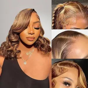 4/27 Highlight Ombre Lace Front Wig Human Hair Body Wave Lace Front Wigs Human Hair Pre Plucked Bob Wig Human Hair 180 Density Colored 12 Inch Balayage Glueless Wigs for Women