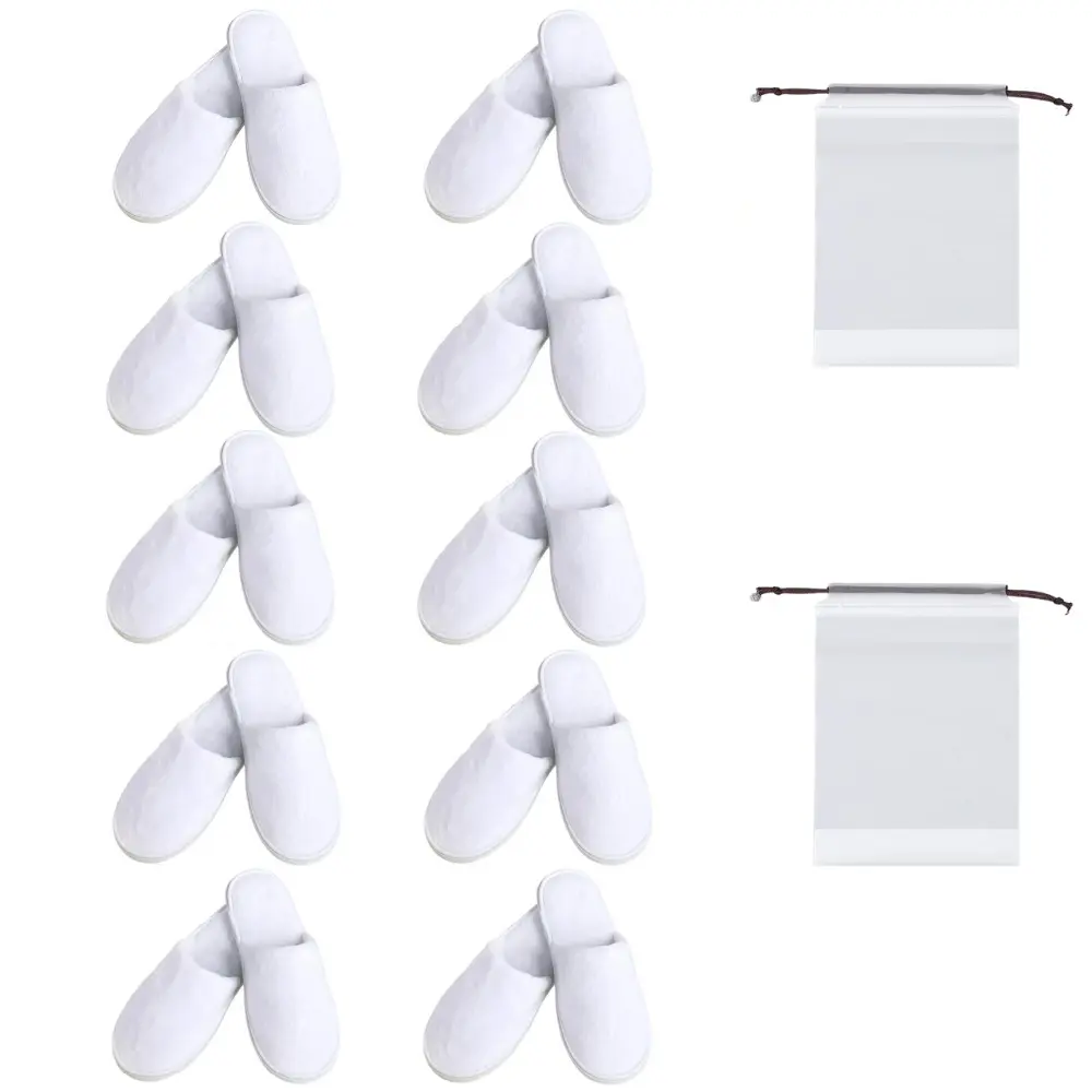 Women's Disposable Indoor Slippers (10 Pairs with 2 Drawstring Bags), Soft Terry Fabric Non-Slip Guest Slippers for Hotel Spa, Home Use