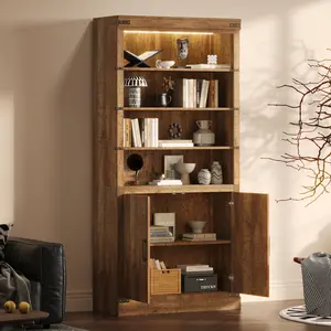 ARCH 83.4"Tall Modern Bookshelf with Doors, Farmhouse Bookcase with 3-Tier Adjustable Shelves, Display Shelves with LED Light,Large Storage Cabinet for Living Room,Home Office, Walnut