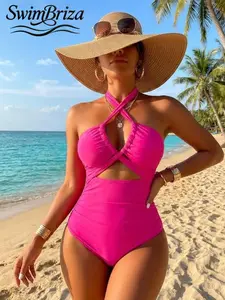 Briza｜Sexy Style, Solid Color (Black/Rose Red) One-Piece Swimsuit, Crossover Halter Neck, Cutout Pleats, Beach Photoshoot, Water Sports.