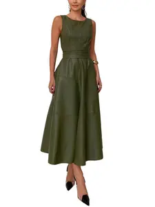 CHARTOU Women's Summer and Autumn Sleeveless PU Faux Leather Dress Elegant Flowing Maxi Dress with Belt Minimalist