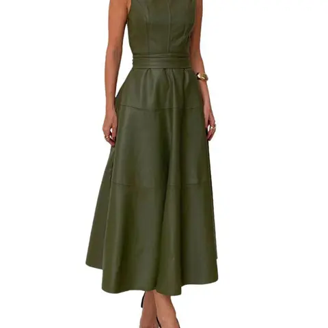 CHARTOU Women's Sleeveless PU Faux Leather Crew Neck Long Dress - Chic Womens Dresses with Belt, Back Zip, Flowy Hem, Fitted for Summer-Autumn Office Casual Outfits