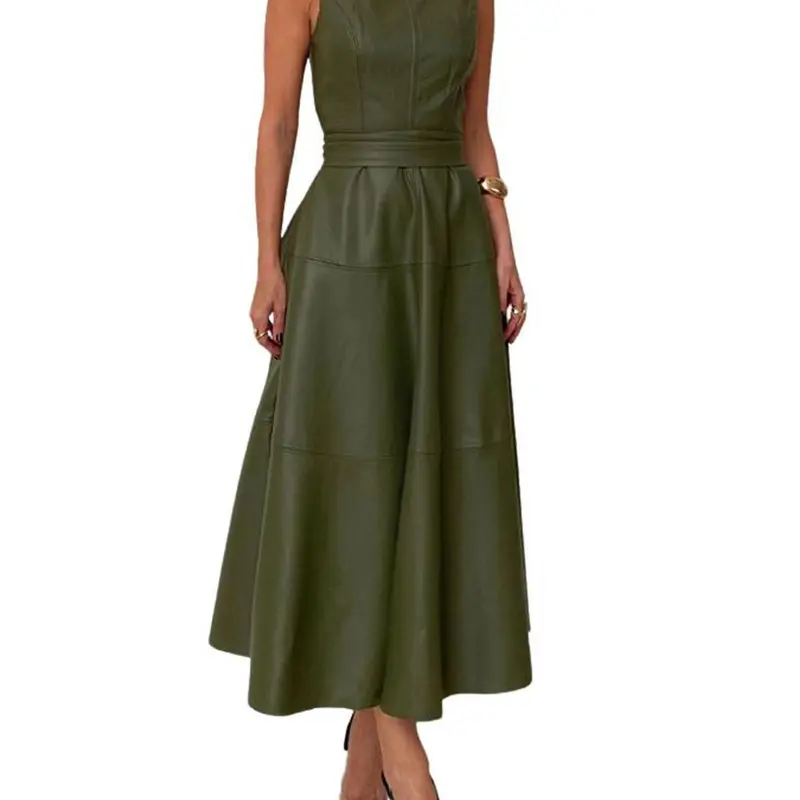 CHARTOU Women's Sleeveless PU Faux Leather Crew Neck Long Dress - Chic Womens Dresses with Belt, Back Zip, Flowy Hem, Fitted for Summer-Autumn Office Casual Outfits