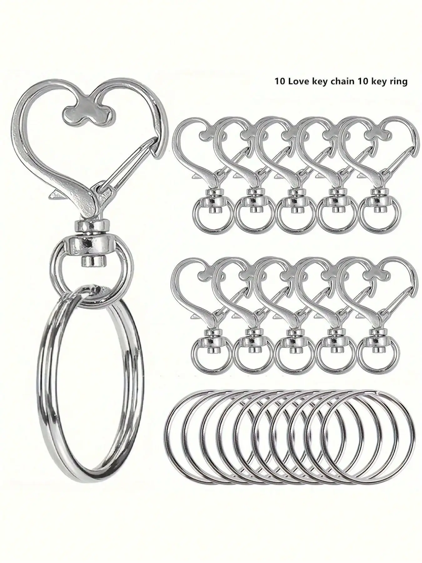 20pcs/set Heart-Shaped Rotating Hook Set with Key Rings（10 Keychains & 10 Key Rings）Colorful Metal Spring Hooks for DIY Crafts Jewelry Making Waist Belts Decorations