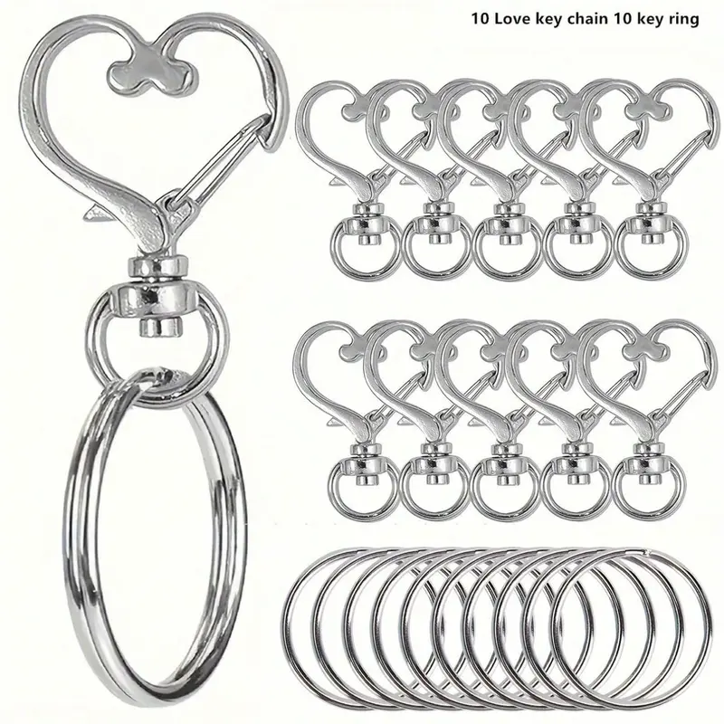 20pcs/set Heart-Shaped Rotating Hook Set with Key Rings(10 Keychains & 10 Key Rings)Colorful Metal Spring Hooks for DIY Crafts Jewelry Making Accessories Waist Belts Decorations