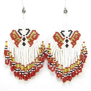 WHITE RED GOLD SEED BEADS BUTTERFLY BEADED NATIVE STYLE INSPIRED EARRINGS