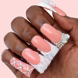 Pearl Lace & Crystal Butterfly Nails Bridal Wedding Fake Nails Long Duck Press On Nails Rhinestone Embellished Sparkly Rhinestone