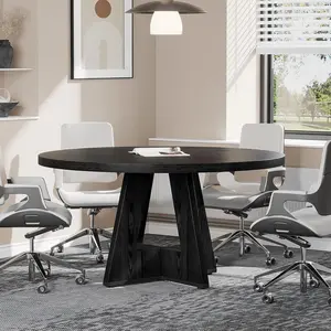 LITTLE TREE 47-Inch Round Conference Table for 4-6 People, Wooden Meeting Room Table with Thicken Tabletop and Wood Base