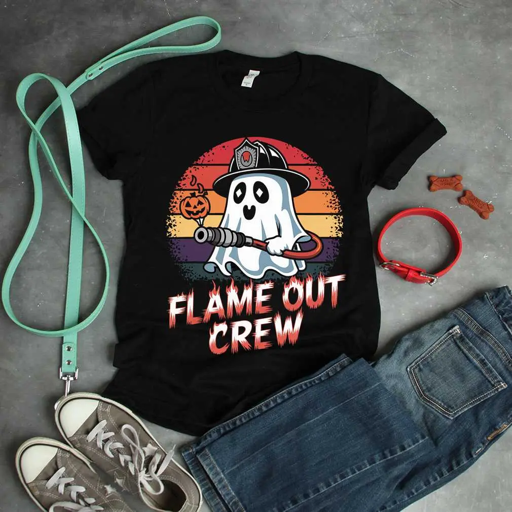 Flame Out Crew Ghost Firefighter Halloween Retro Tee T-Shirt_1