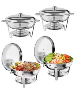 【GARVEE】5QT Chafing Dish Buffet Set of 4 - Round Stainless Steel Food Warmers with Food & Water Pans, Lids, Frames, and Fuel Holders for Catering, Parties, and Festivals