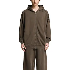 Kored Snow Washed Tape Raw Edge Zip Hoodie - Khaki Version - FREE SHIPPING FOR SUBSCRIBERS