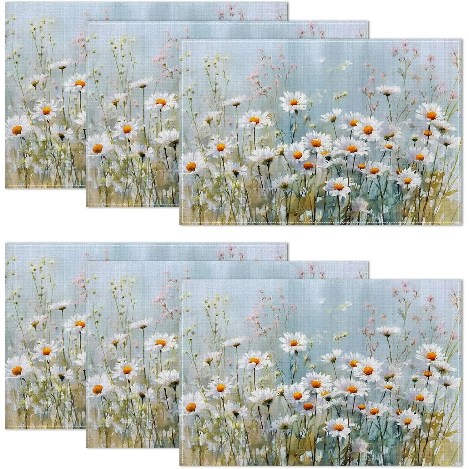 Retro White Daisy Floral Print Rectangular Placemats Set of 6, 12x18 in Linen Fabric, Washable Heat-Resistant Indoor Table Mats for Party Use, Home Kitchen Dining, Tableware