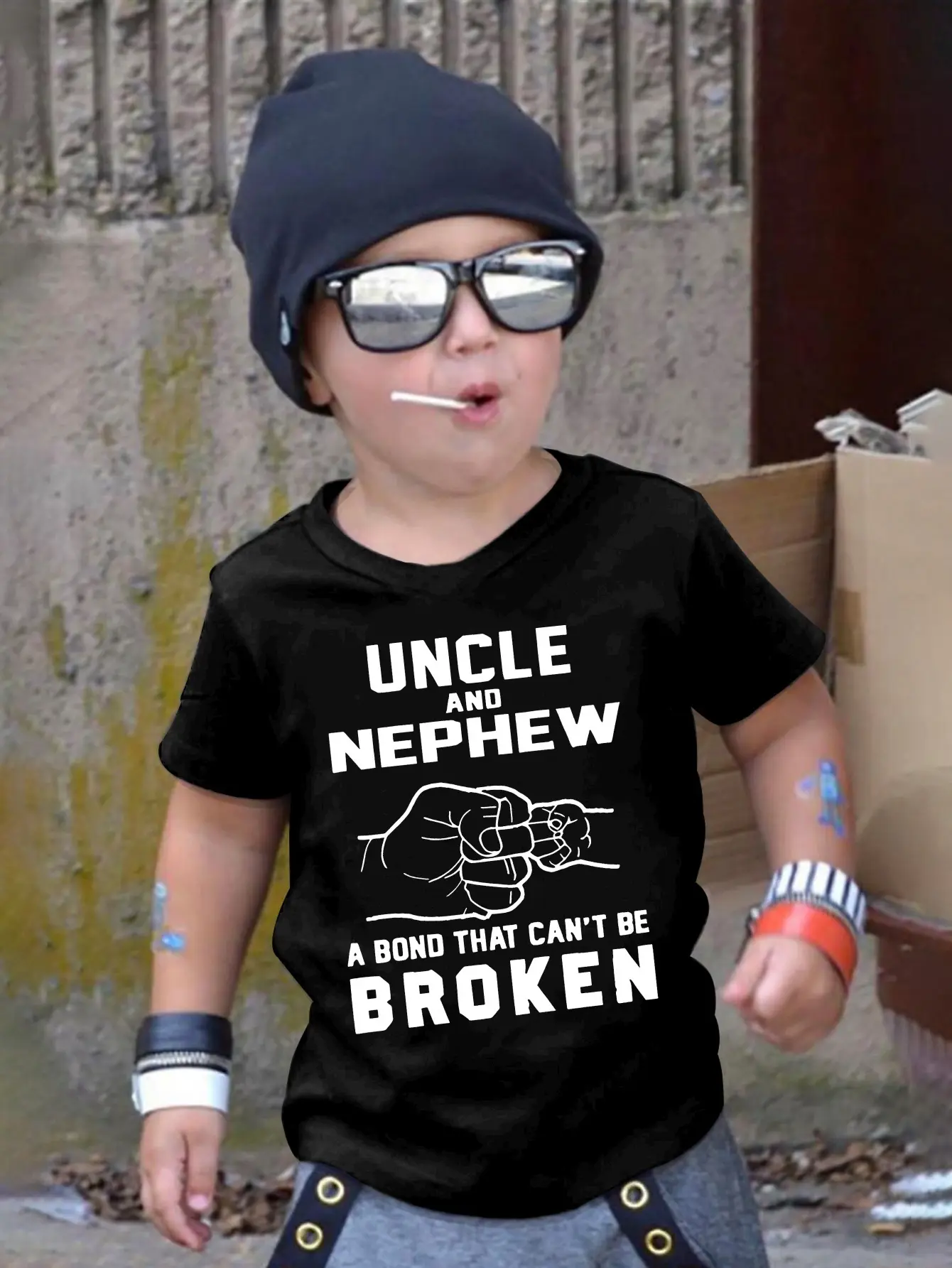 Uncle And Nephew A Bond That Can't Be Broken Kids T-Shirt Vintage Distressed Fist Bump Line Art Short Sleeve Cotton Black Toddler Boy Nephew Tee