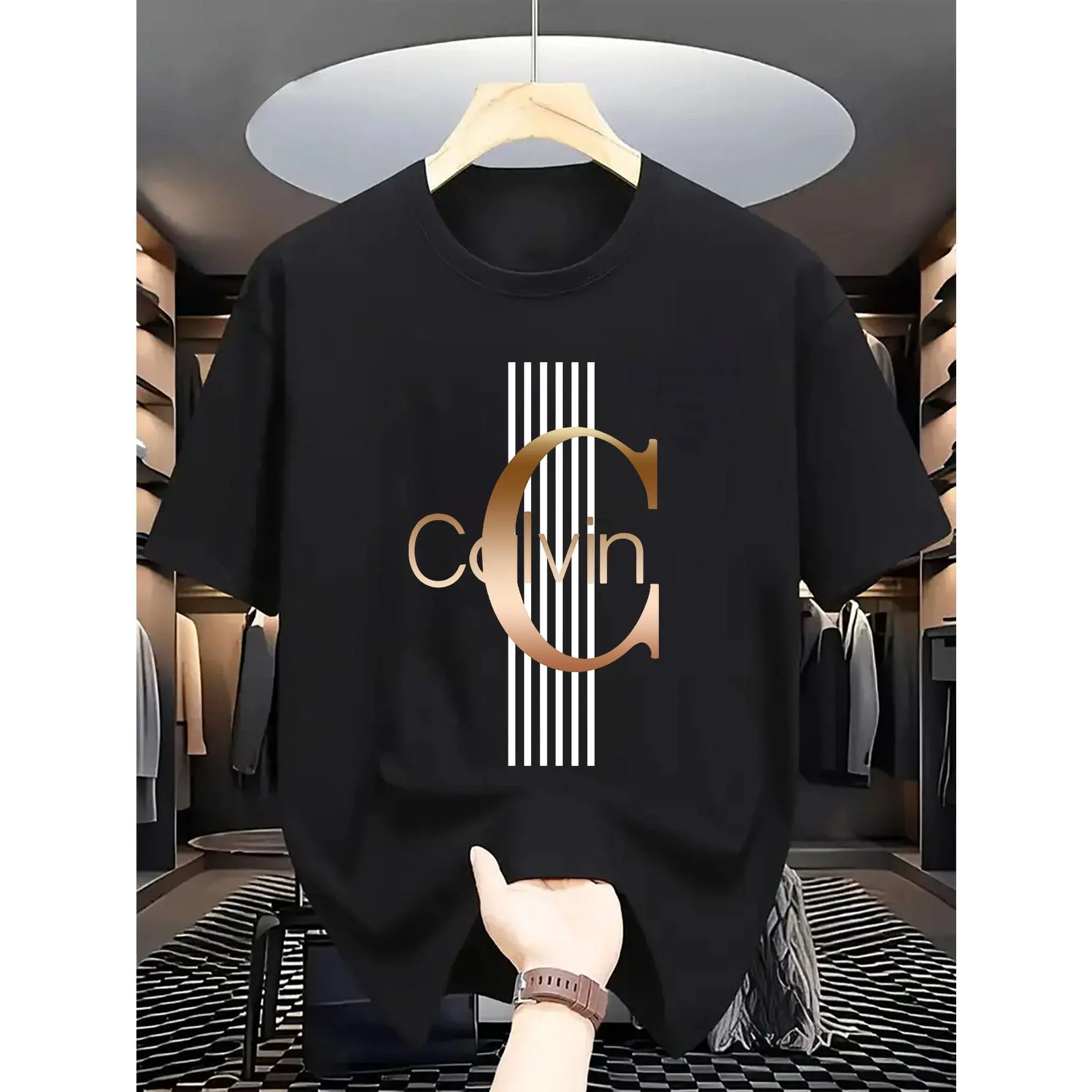 Men'S Casual Calvin Graphic T-Shirt - Bold Letter Print with Black Stripes & Golden Accents, Breathable Round Neck Summer Streetwear, Machine Washable, Comfortable Everyday Fashion Tee, Everyday Tshirt |Bold Letter Print |Comfortable Fit, T Shir Cotton