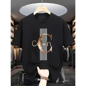 Men'S Casual Calvin Graphic T-Shirt - Bold Letter Print with Black Stripes & Golden Accents, Breathable Round Neck Summer Streetwear, Machine Washable, Comfortable Everyday Fashion Tee, Everyday Tshirt|Bold Letter Print|Comfortable Fit, T Shir Cotton