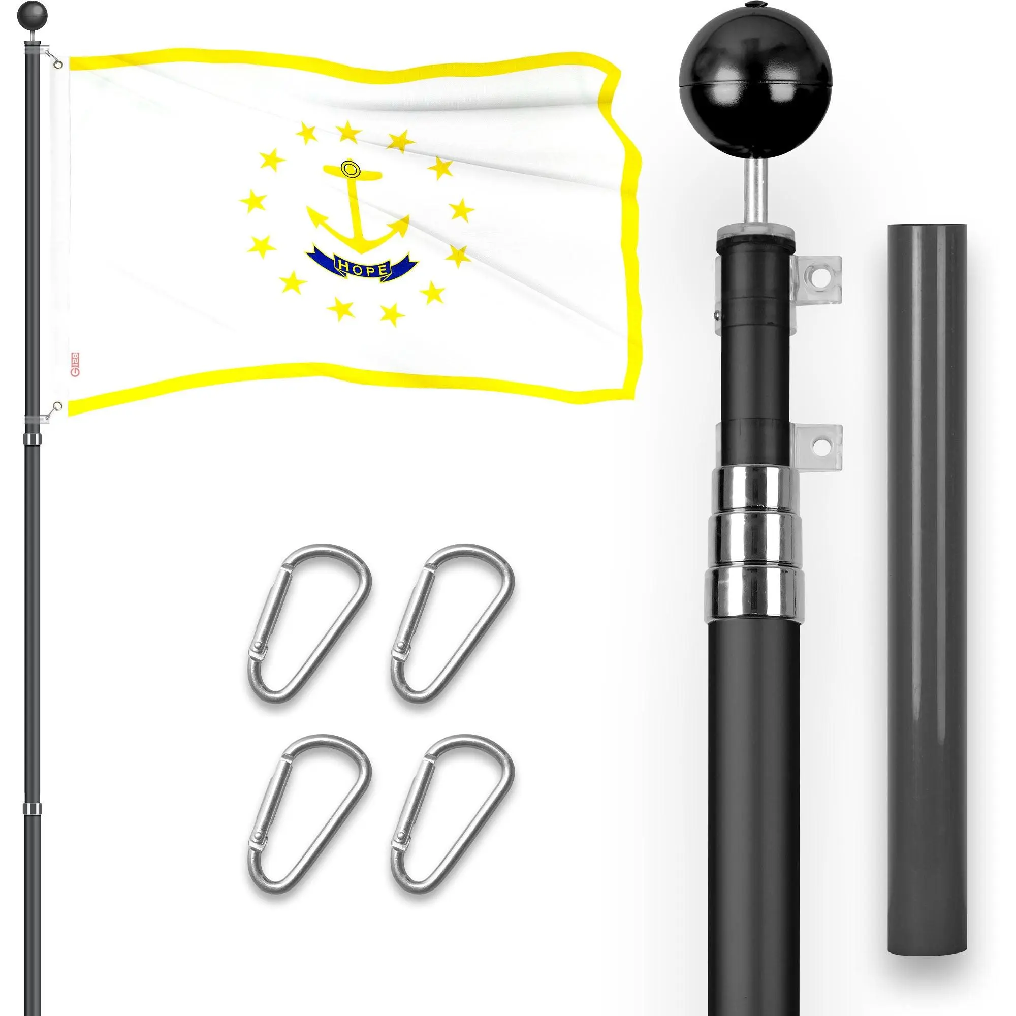 G128 Combo Pack: 16 Ft Telescoping Aluminum Flagpole (Black) & Rhode Island RI  3x5 Ft, ToughWeave Series Embroidered 300D Polyester | Pole with Flag Included