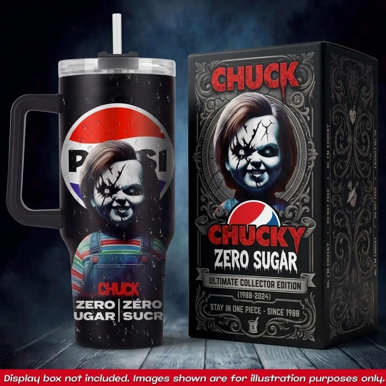 Chucky Pepsi 40oz Tumbler With Handle No Box, Zero Sugar Zero Sucre Travel Mug, Killer Doll Good Guy Insulated Cup, Horror Movie Soda Drinkware, Halloween Stainless Steel Coffee Water Tumbler, Ultimate Collector Edition Spooky Gifts