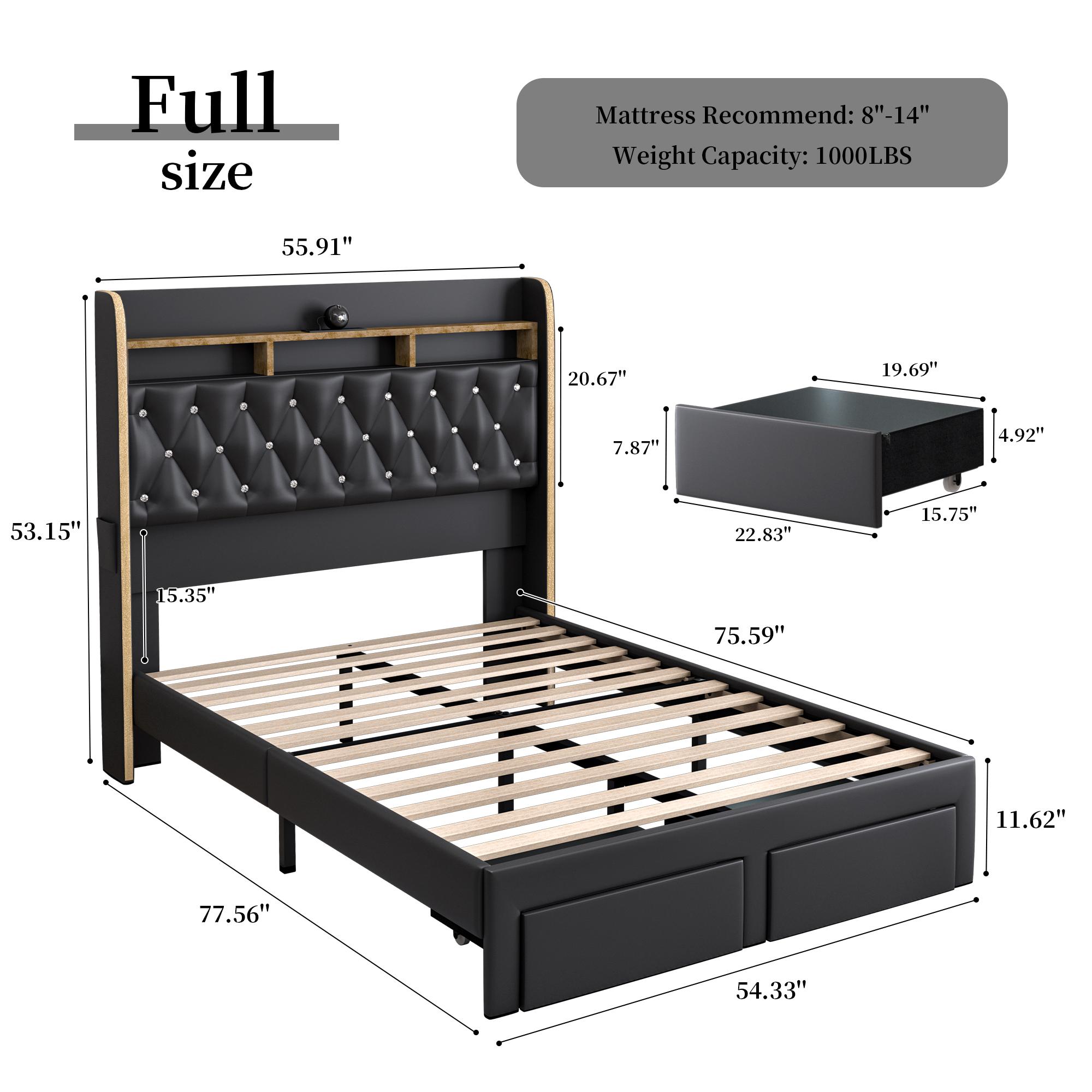 [Father's Day Gift] Queen LED Bed Frame with Galaxy Star Projector, Built-in Speaker & Charging Station, Luxury Upholstered Platform Bed with 2 Storage Drawers & 2-Tier Headboard, Noise-Free Modern Bedroom Furniture, Black