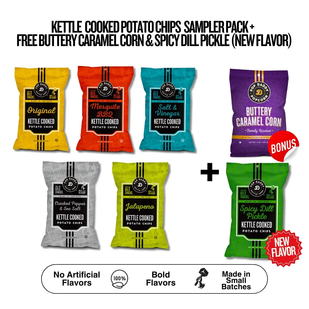 Pop Daddy Kettle Cooked Potato Chips Sampler Pack + BUTTERY CARAMEL CORN (BONUS!!) + SPICY DILL PICKLE (NEW FLAVOR!!) | 6 pack
