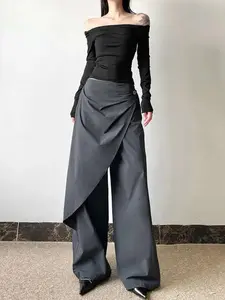 High Waist Asymmetrical Pleated Button Wide Leg Pants, Pure Color Two-Piece Design, Women's Boho Fashion Casual Trousers
