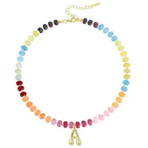 Women's bubble letter pendant necklace, fashionable initials, 14K gold colored natural stone bead necklace, the perfect Christmas jewelry gift for your loved one.