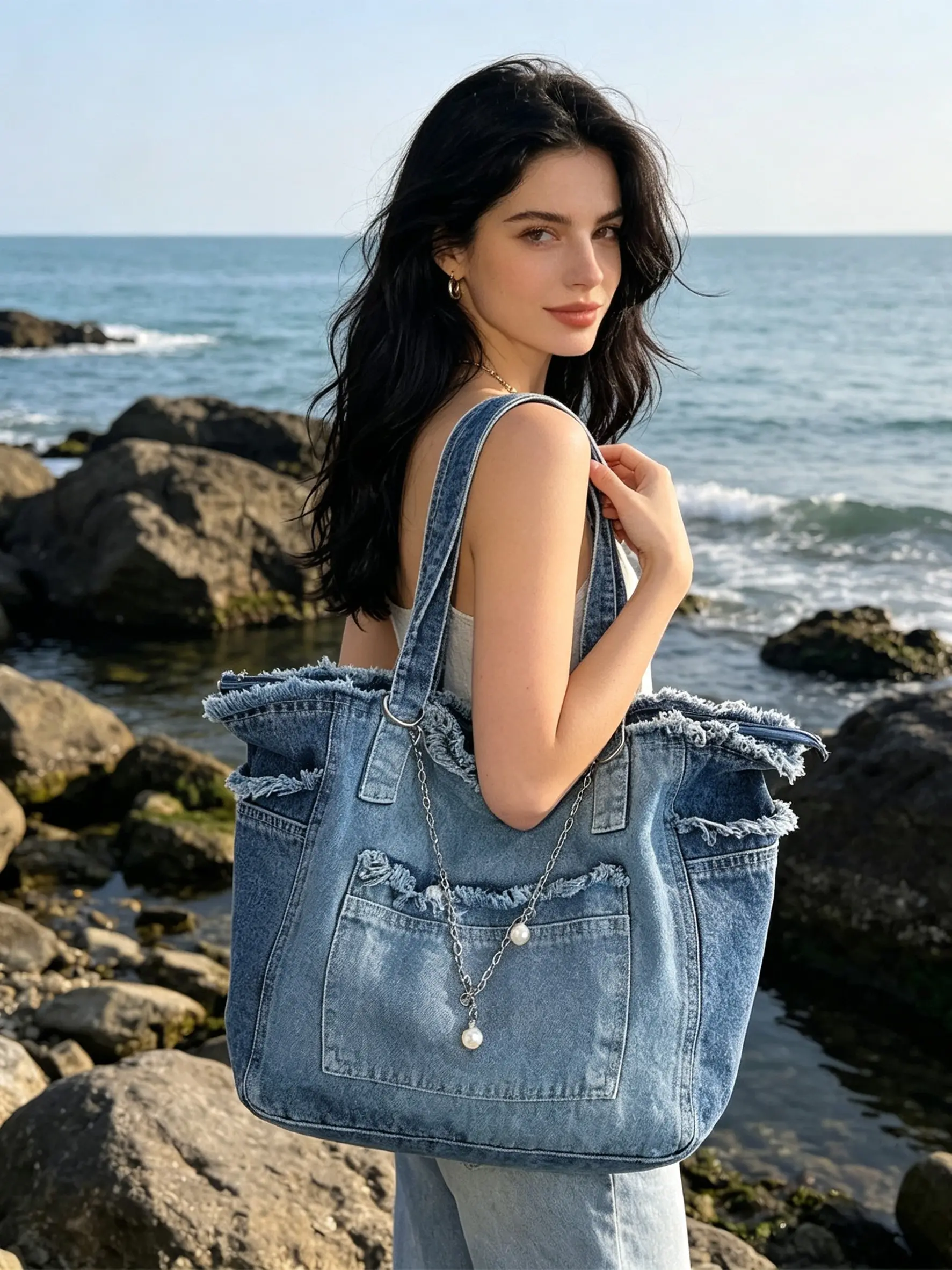 Large Capacity Blue Denim Tote Bag, Portable Lightweight Shoulder Backpack, Casual Handbags, Shopper Handbag, Ideal for Shopping, Camping, Travel, Fitness, Durable Handle, Bags with Handles, Work Tote Bag