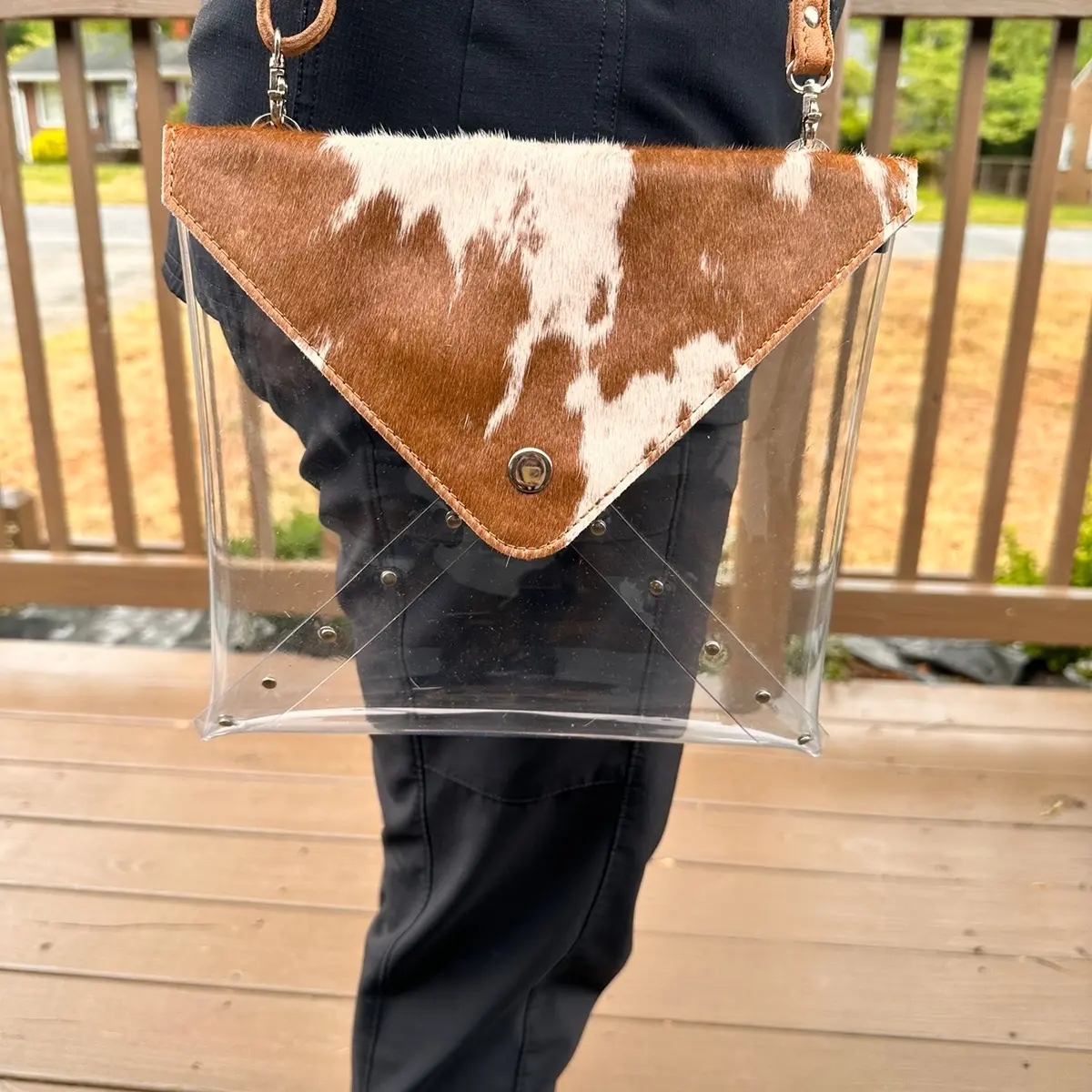 Cowhide print clear stadium bag Brown