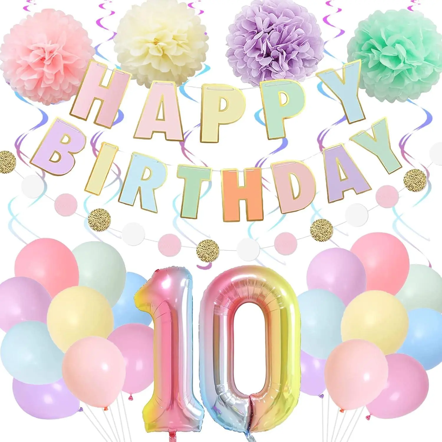 10Th Birthday Decorations For Girls Boys40 Inch Rainbow Gradient Number 10 Balloon10Th Birthday BalloonHappy Birthday BannerChildren’S 10Th Birthday Party Supplies For Kids